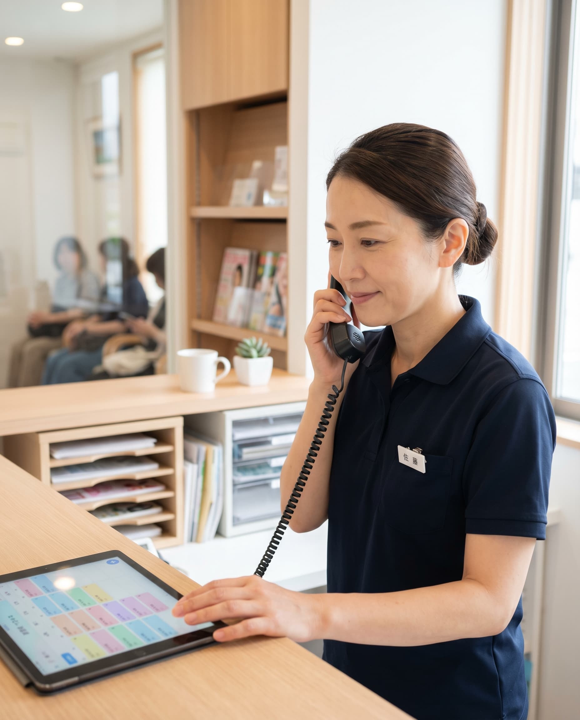 歯科医院の受付スタッフが Moshi の管理画面を操作しながら電話に応対している様子