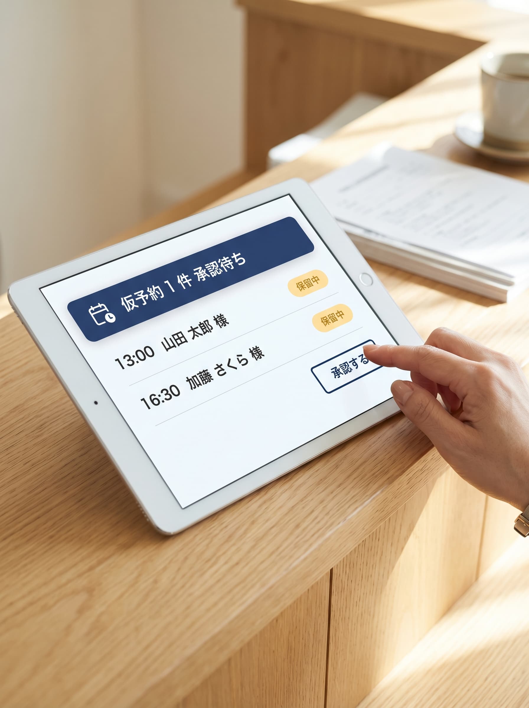 Moshi 管理画面: 仮予約 1 件 承認待ち の通知と承認ボタン