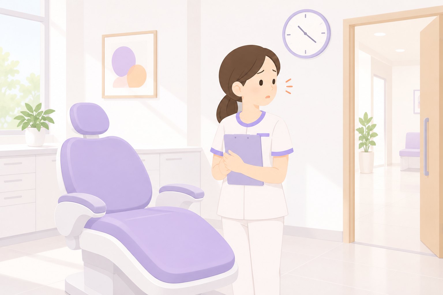 予約の時間なのに患者さんが来ず、空いたままの診療チェアの横で入口を気にするスタッフ